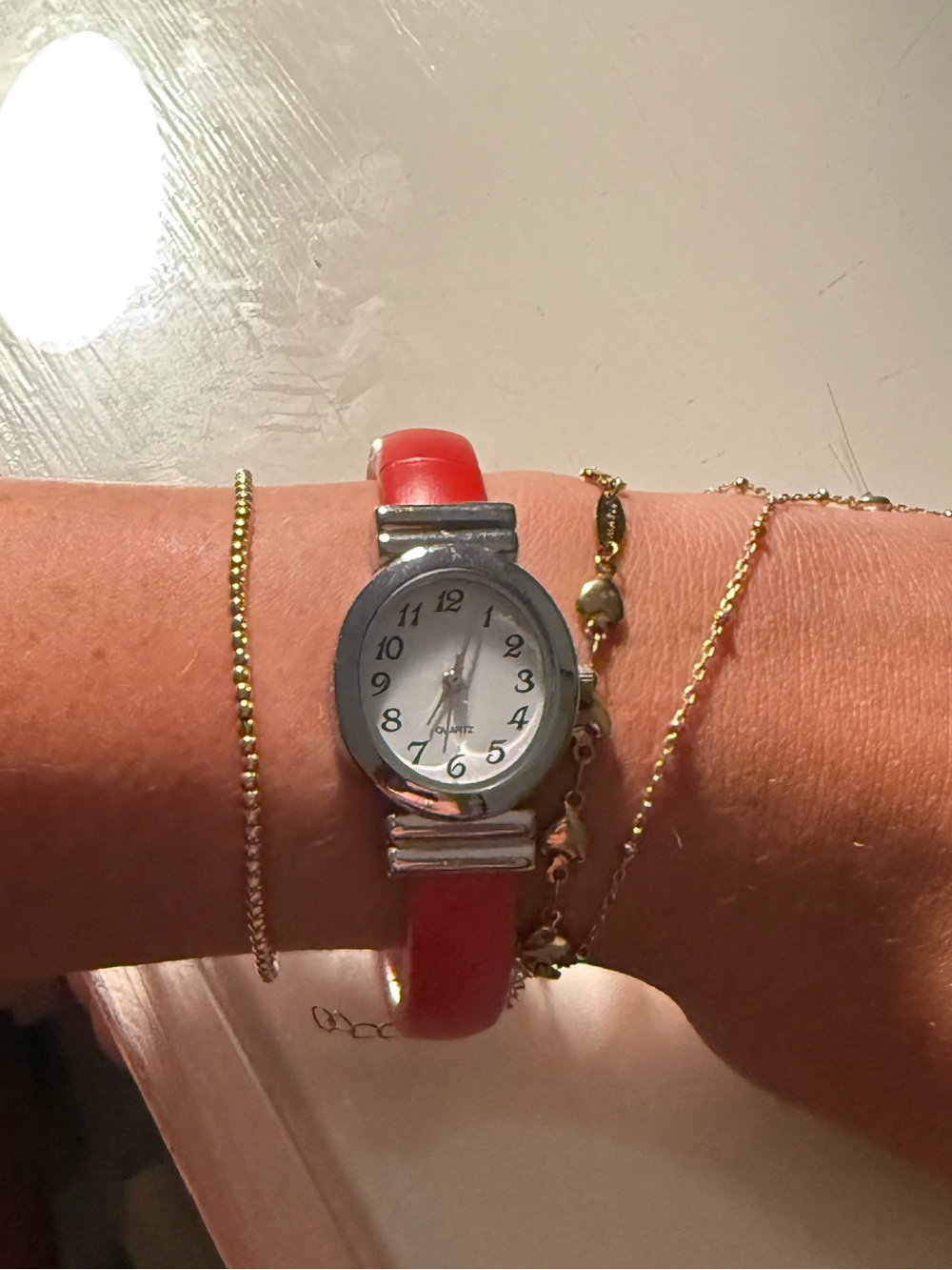 Classic Red Leather Bracelet Watch with Gold Accent Chains